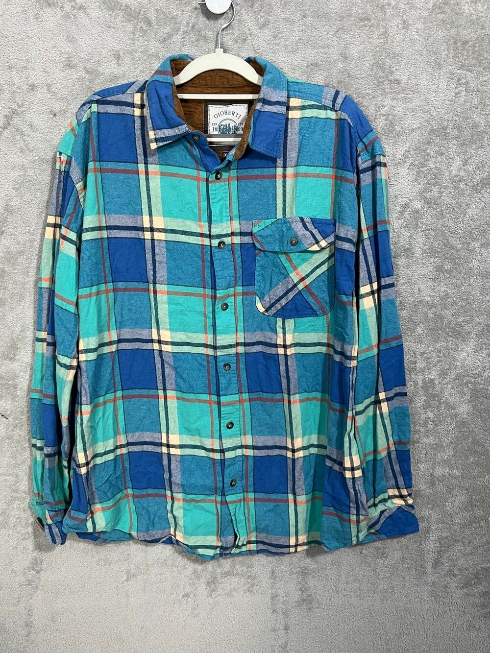 Gioberti Button Down Shirt Mens XL Blue Plaid Corduroy Trim Work Wear Cabin Core